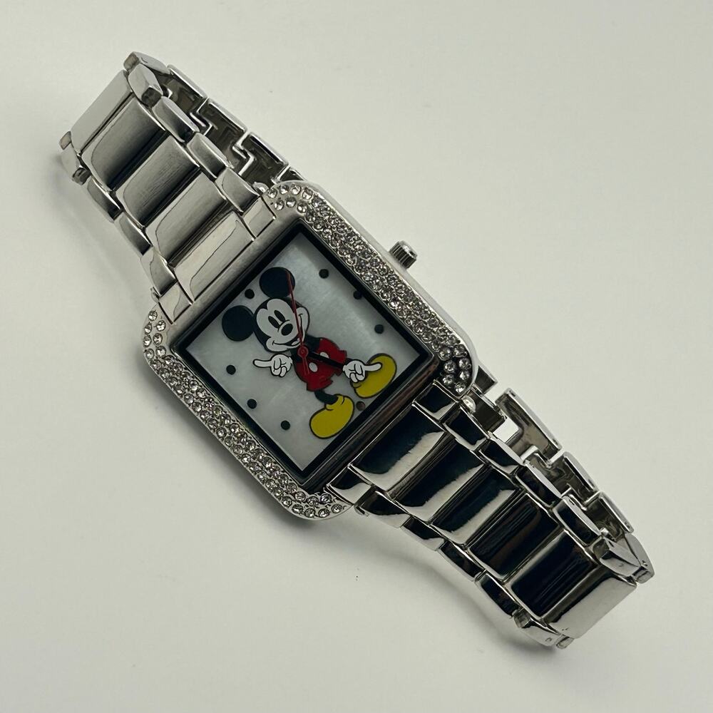 Disney Mickey Mouse Silver Tone Crystals Mother Pearl Dial Watch New Battery - Picture 4 of 8